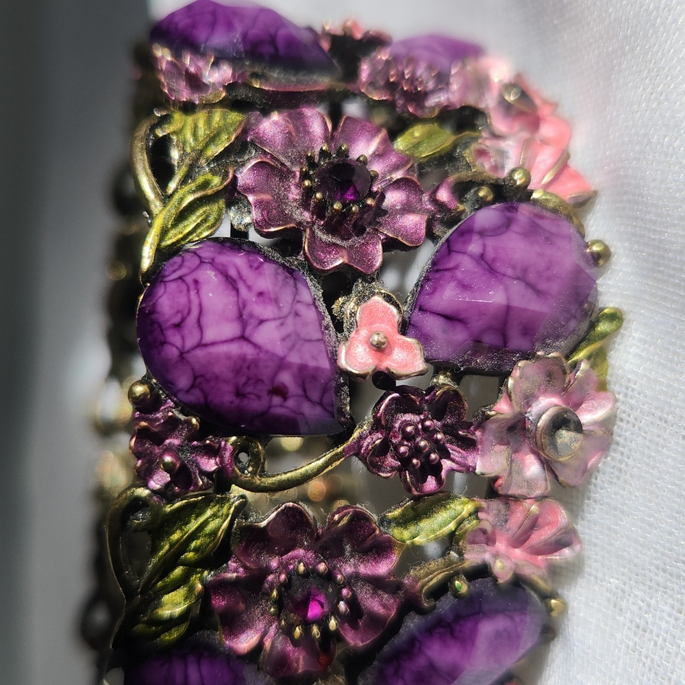 Multi Color Rhinestone Flower Floral Bangle Cuff Bracelet - Picture 2 of 14
